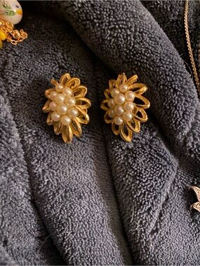 Trifari Gold-tone Floral Cluster Pearl Clip Earrings